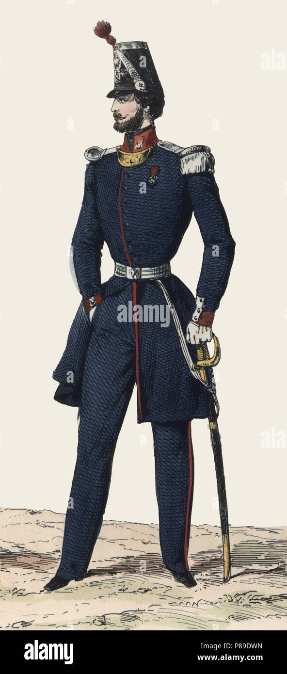 Francia. Uniforme militar. Oficial de la Guardia Nacional en 1848. Grabado de 1850. Stock Photo