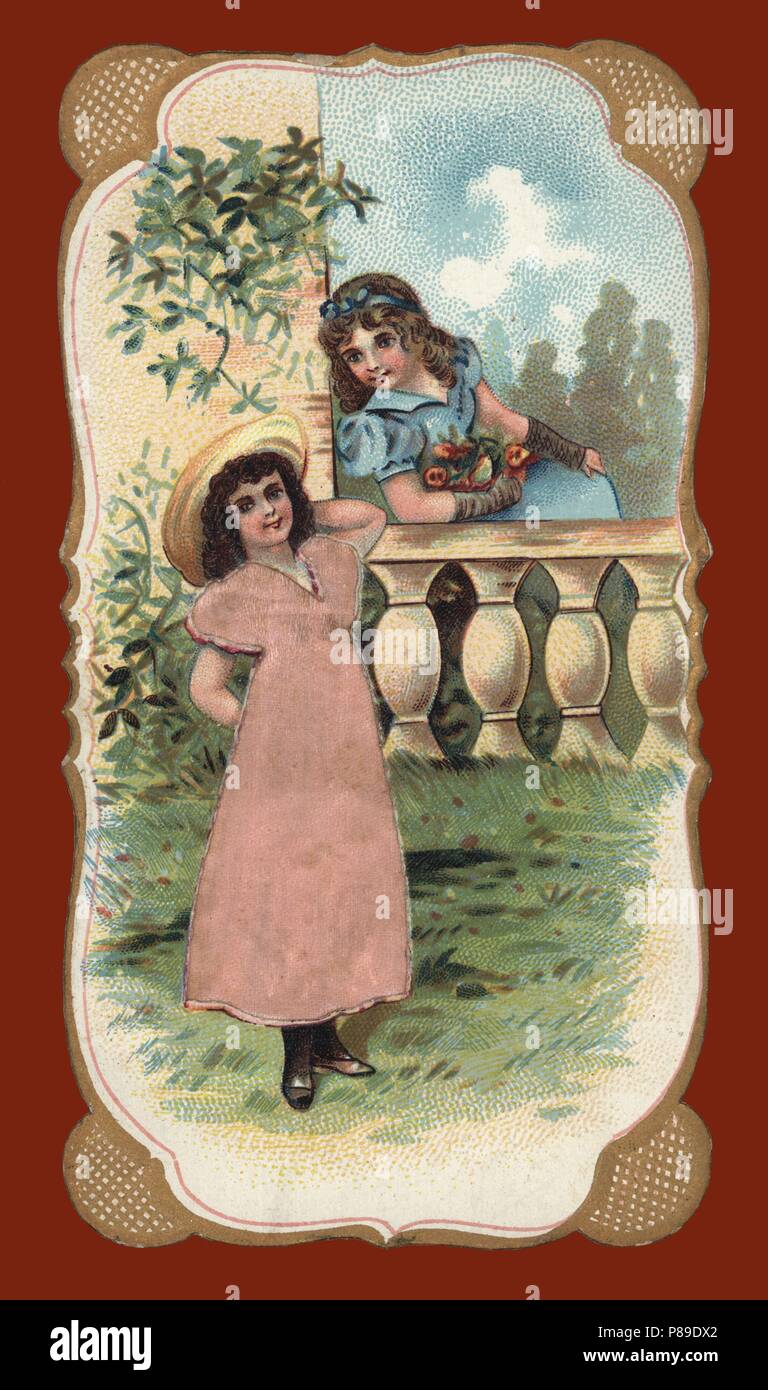 Cromo modernista bordado en tela. Dos muchachas jóvenes en una terraza ajardinada. Publicidad de Chocolat Poulain. Año 1895. Stock Photo