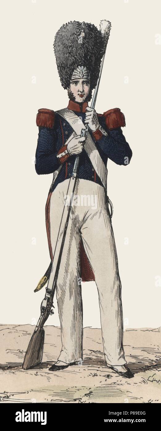 Francia. Uniforme militar. Granadero de la Guardia Nacional de 1815 a 1830. Grabado de 1850. Stock Photo