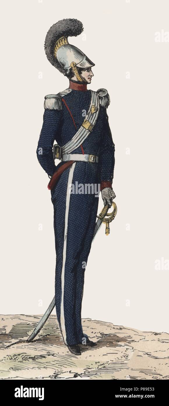 Francia. Uniforme militar. Caballería de la Guardia Nacional de 1815 a 1830. Grabado de 1850. Stock Photo
