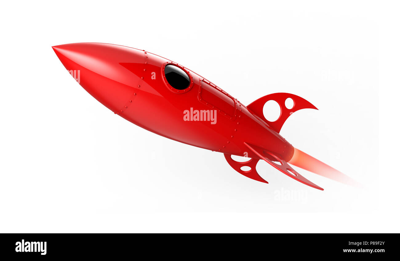 Red old rocket flying, isolated on white background. Stock Photo