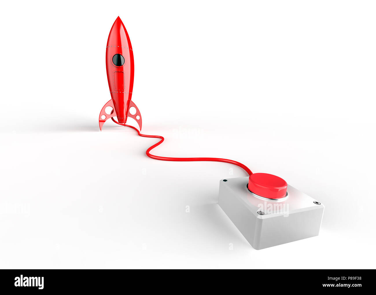 Red rocket with start button, isolated on white, 3D rendering. Stock Photo