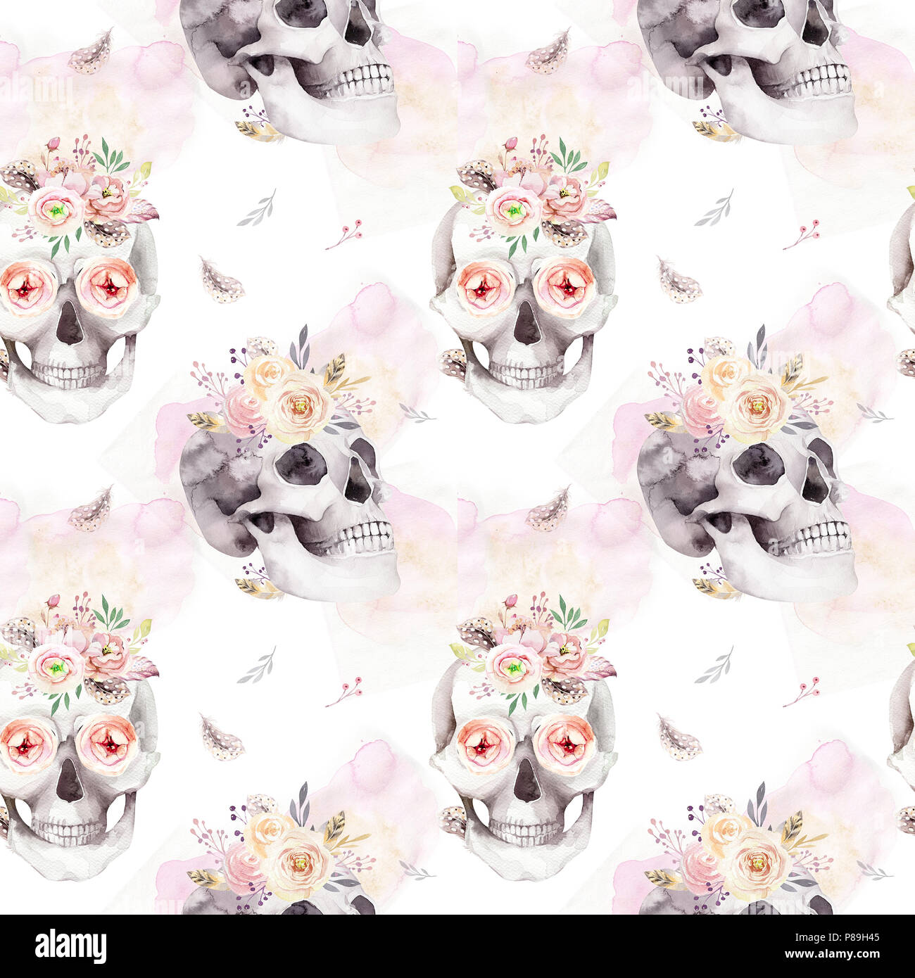 Vintage Watercolor Patterns With Skull And Roses Wildflowers And