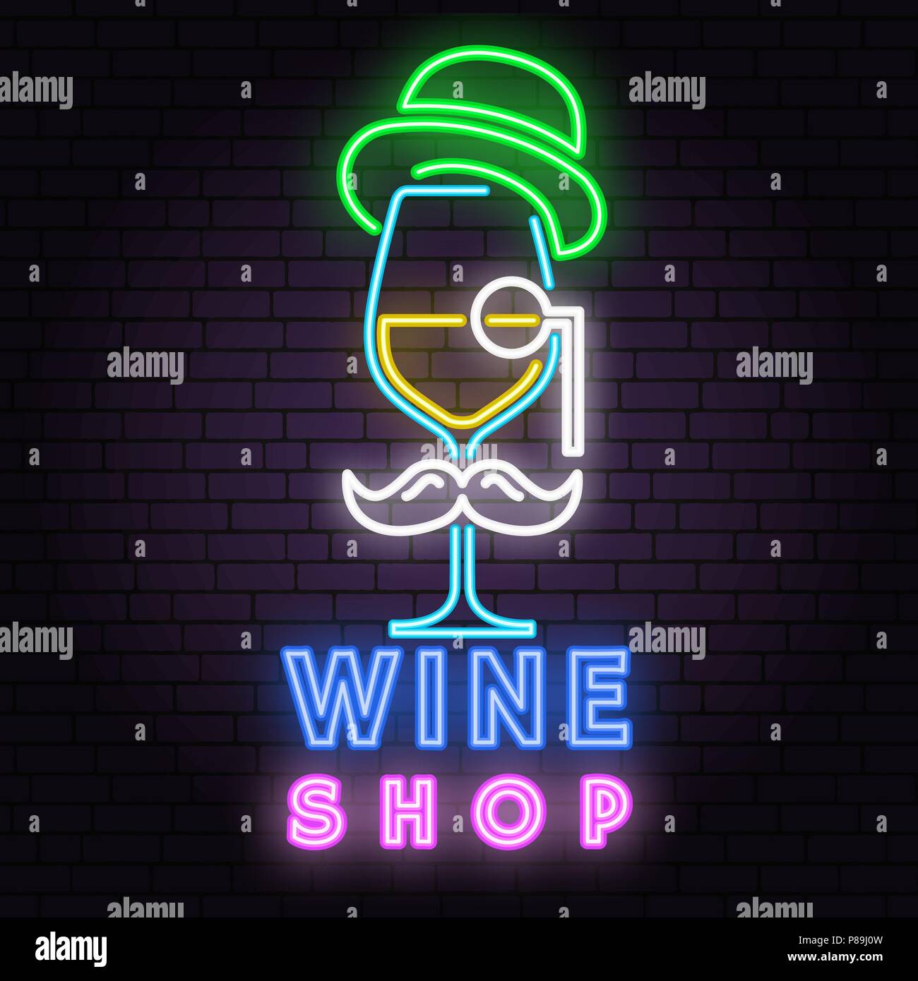 Retro neon wine sign on brick wall background. Design for sign or label