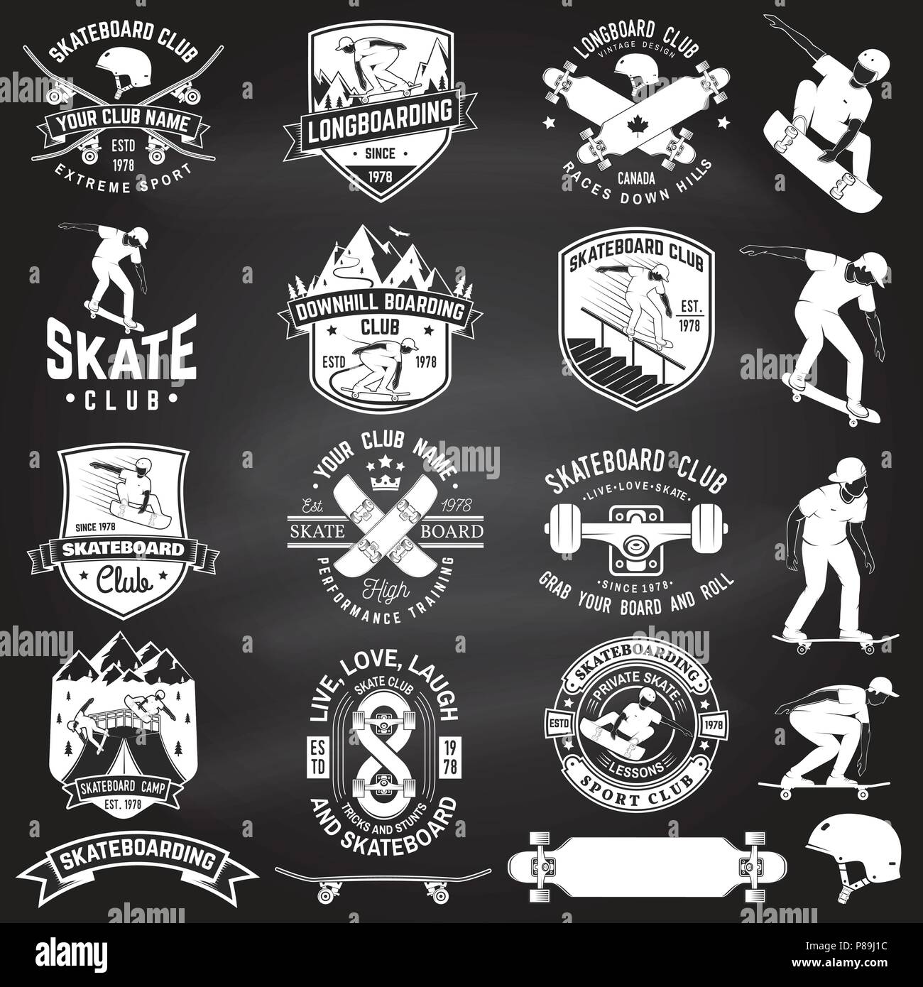Set of Skateboard and longboard club signs on the chalkboard with design element. Vector. For skate club emblems, patch, t-shirt design. Vintage design with skateboards, skate truck and helmet. Stock Vector