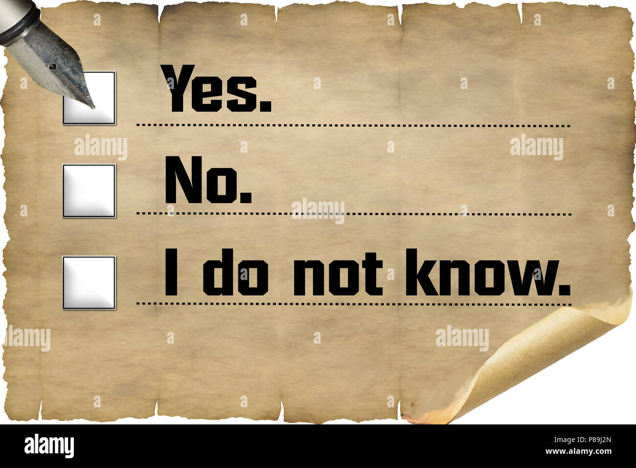 Kontrollkästchen mit Aufschrift in English 'Yes, No, I do not know' auf alten Dokumentpapier Stock Photo
