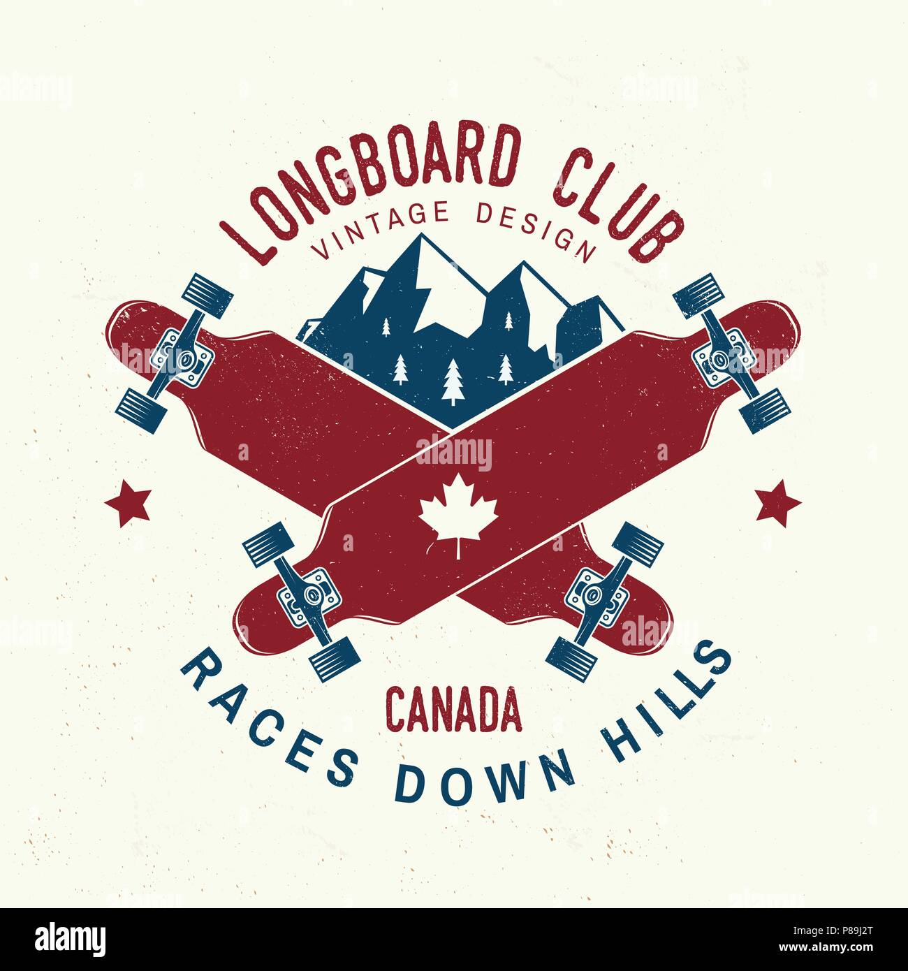 Longboard club badge. Vector illustration. Extreme sport. For skate club emblems, signs and t-shirt design. Skateboard typography design with mountains and longboard. Extreme sport. Stock Vector