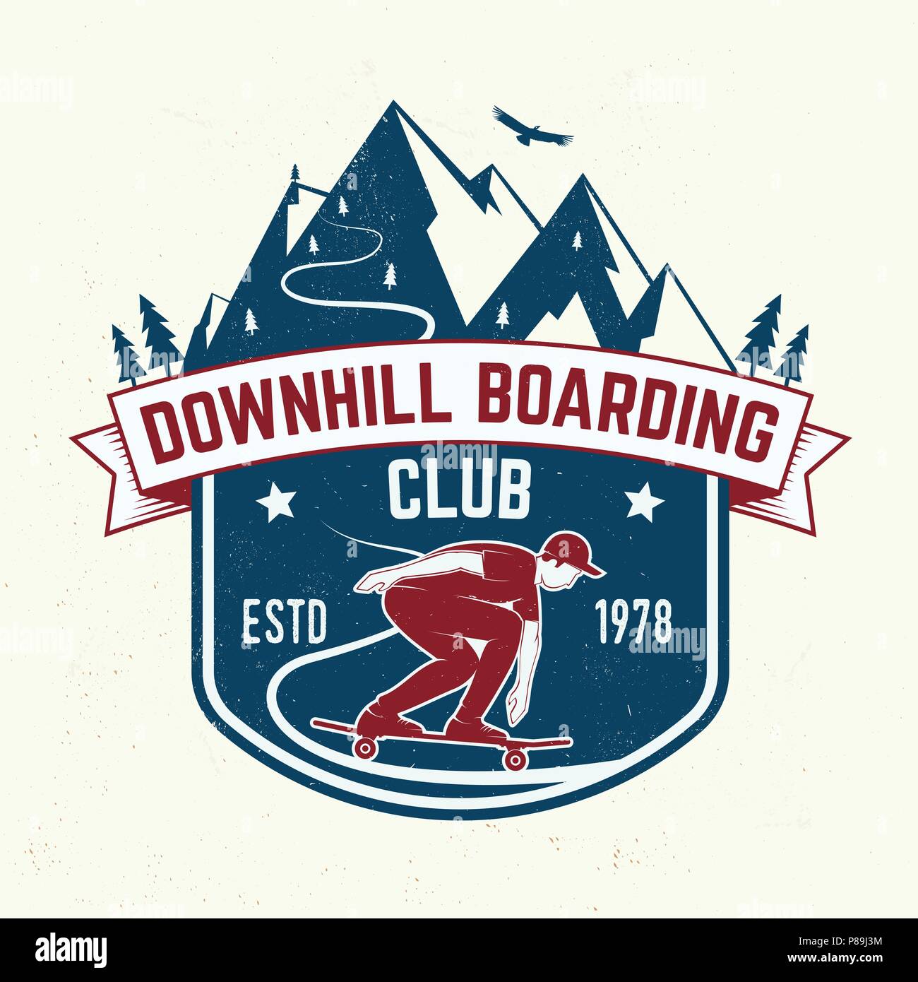 Downhill boarding club badge. Vector. Extreme sport. For skate club emblems, signs and t-shirt design. Skateboard typography design with skateboarder on the longboard and text. Extreme sport. Stock Vector