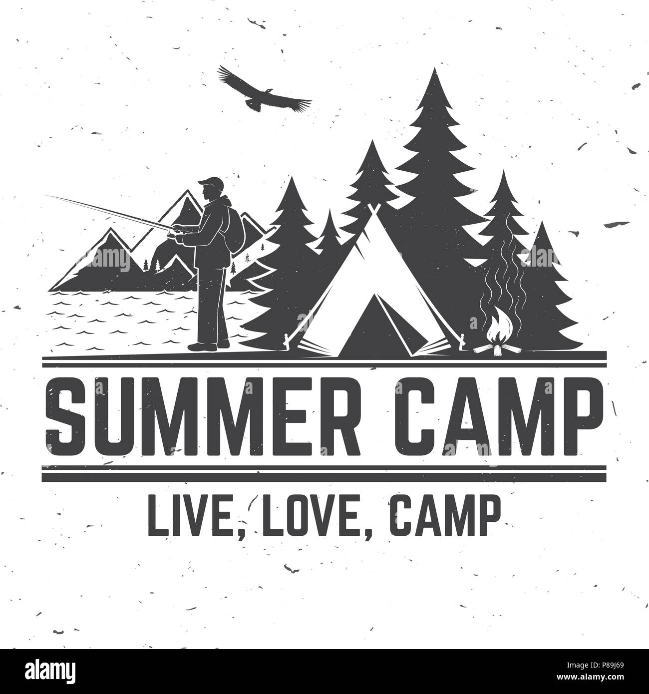 Summer camp. Vector illustration. Concept for shirt or logo, print, stamp or tee. Vintage typography design fisherman, camping tent, campfire and forest silhouette. s Stock Vector