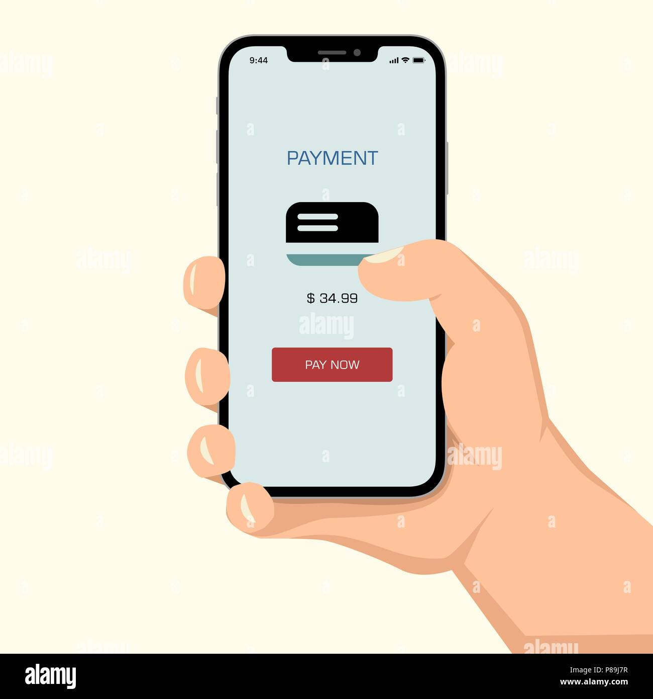 Brutal human hand holding smartphone with payment application ui flat ...