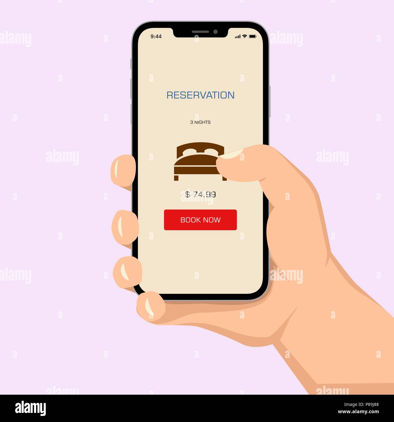 Brutal human hand holding smartphone with hotel reservation application ui flat style illustration. Stock Vector