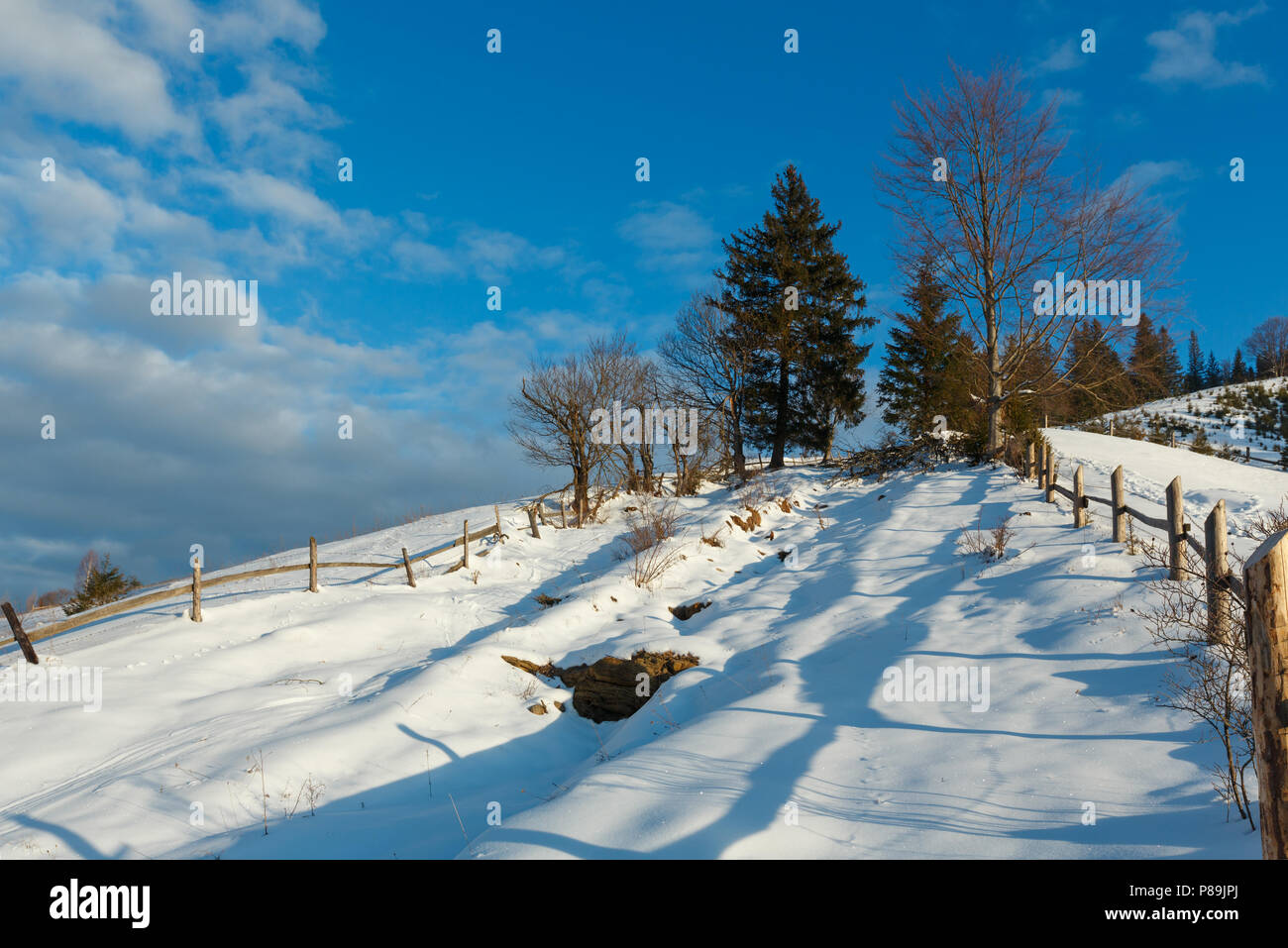 Winter  morning scenery picturesque mountain rural snow covered path and footprint (Ukraine, Carpathian Mountains, Dzembronya village) Stock Photo