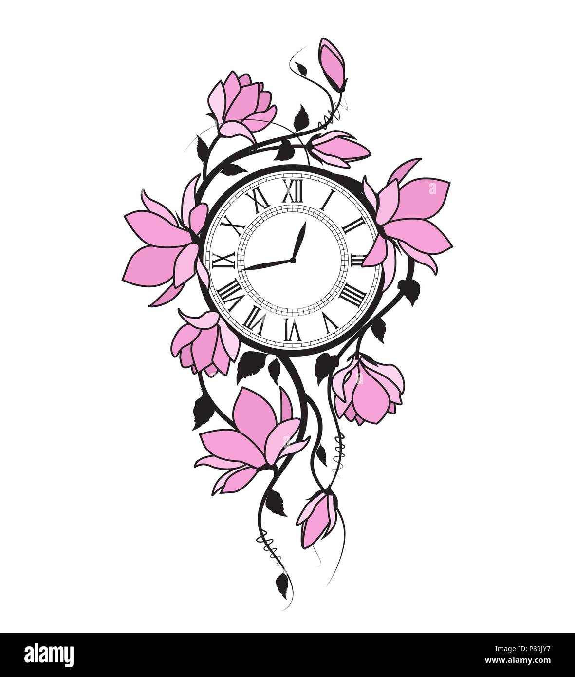 Vector illustration of pink flowers and clock. Floral branches Magnolia ...