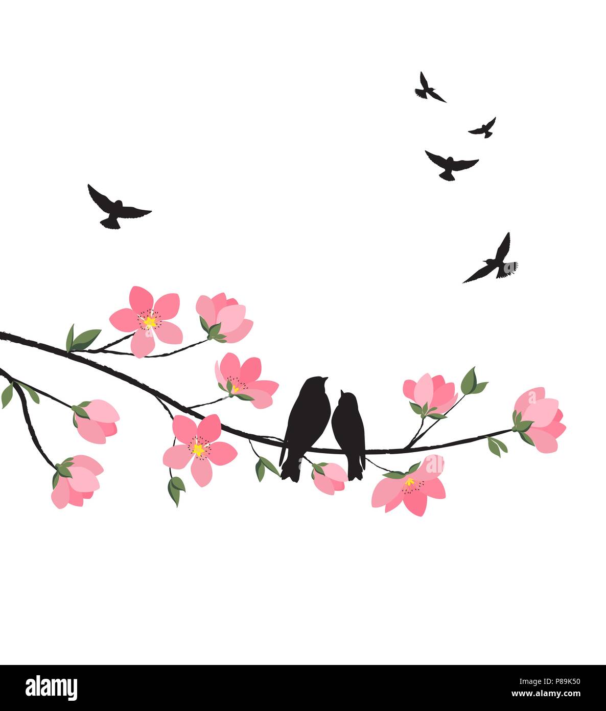 Vector illustration of decorative branches with flowers and birds