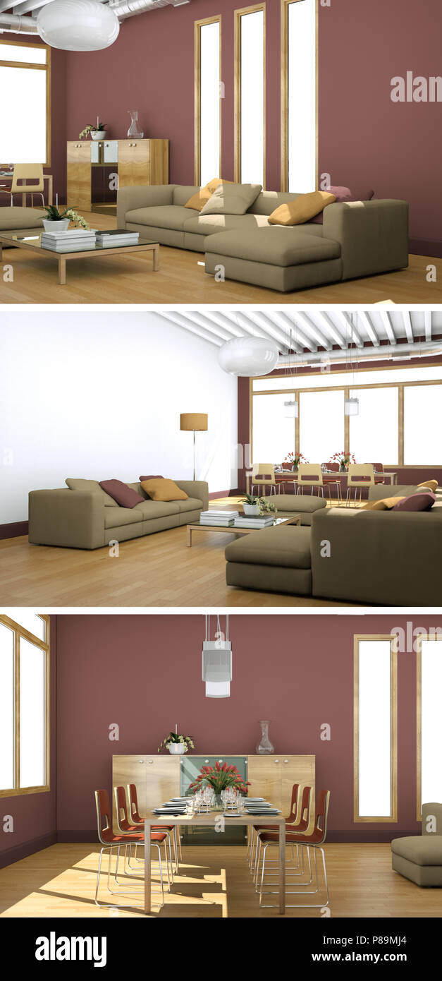 Three views of modern interior loft design Stock Photo - Alamy
