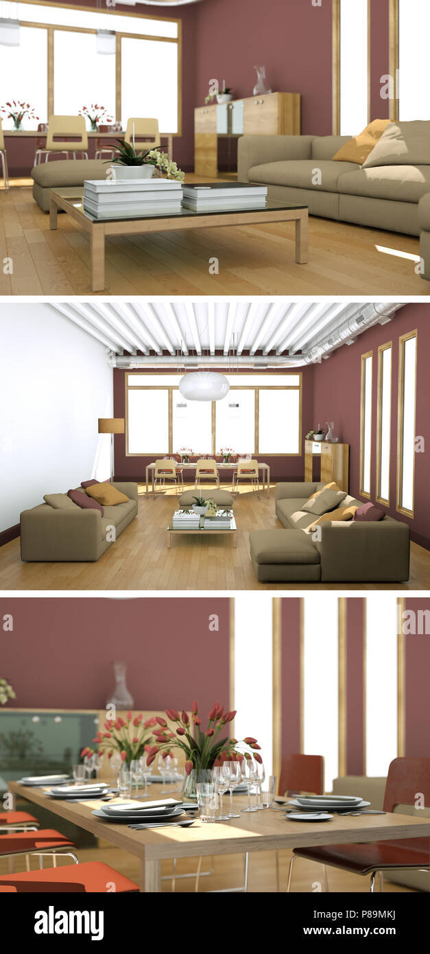Three views of modern interior loft design Stock Photo - Alamy