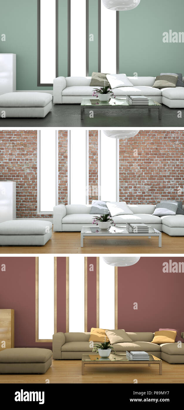 Three color variations of a modern loft interior design Stock Photo - Alamy
