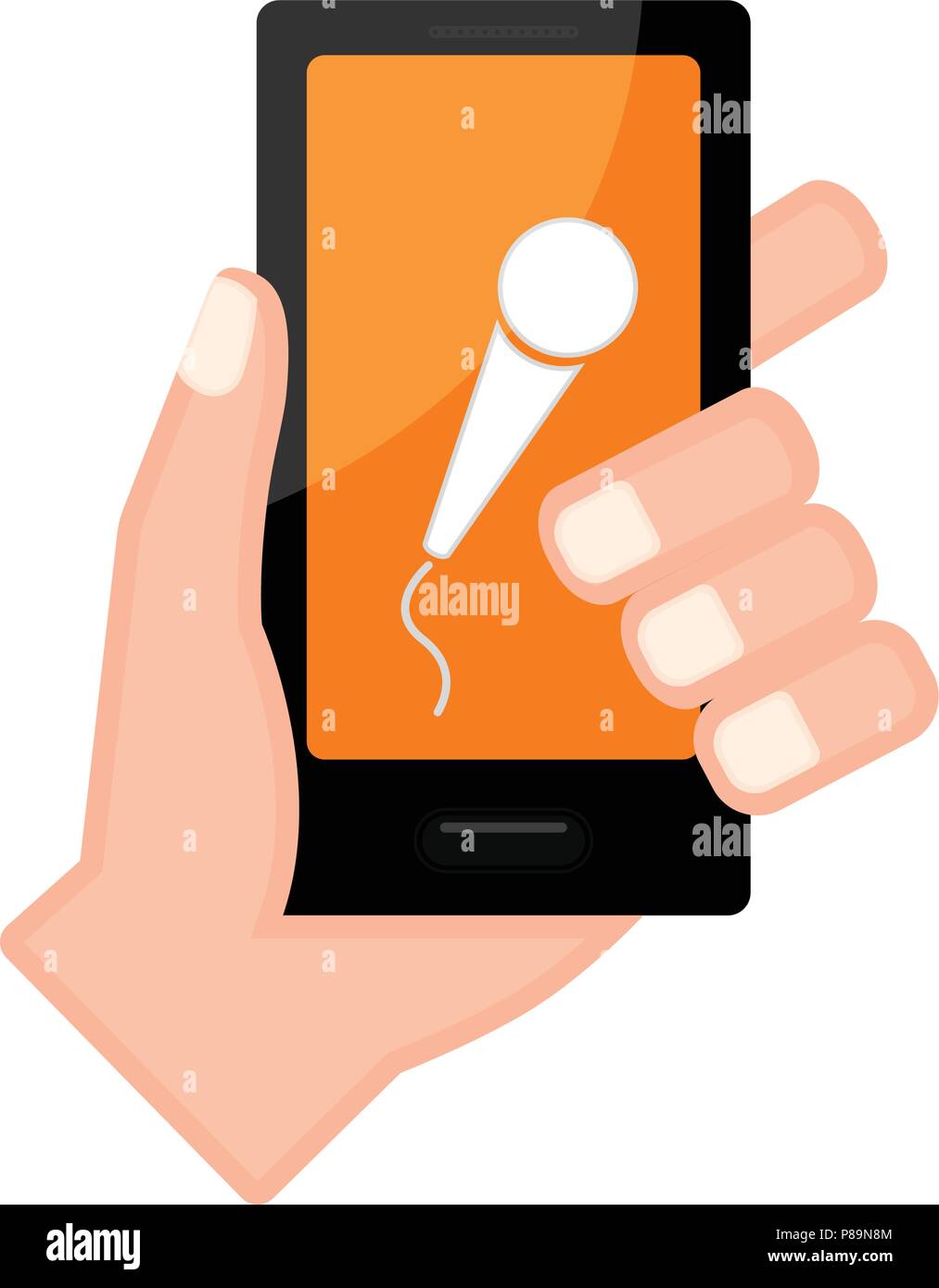 Hand holding a smartphone with a microphone icon Stock Vector