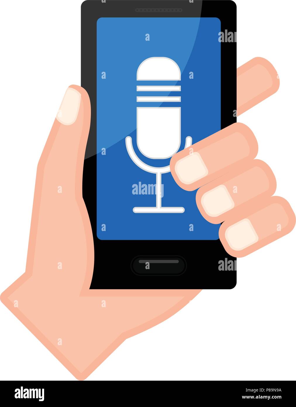 Hand holding a smartphone with a microphone icon Stock Vector