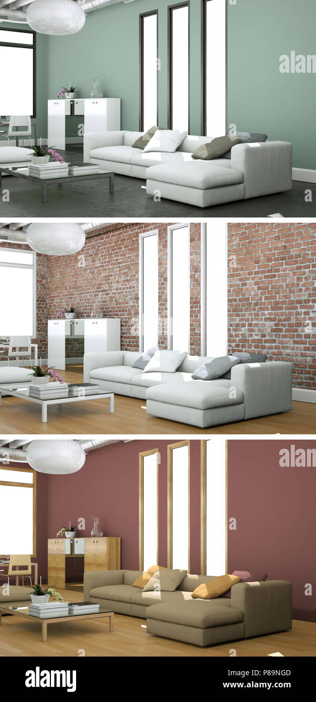 Three color variations of a modern loft interior design Stock Photo - Alamy