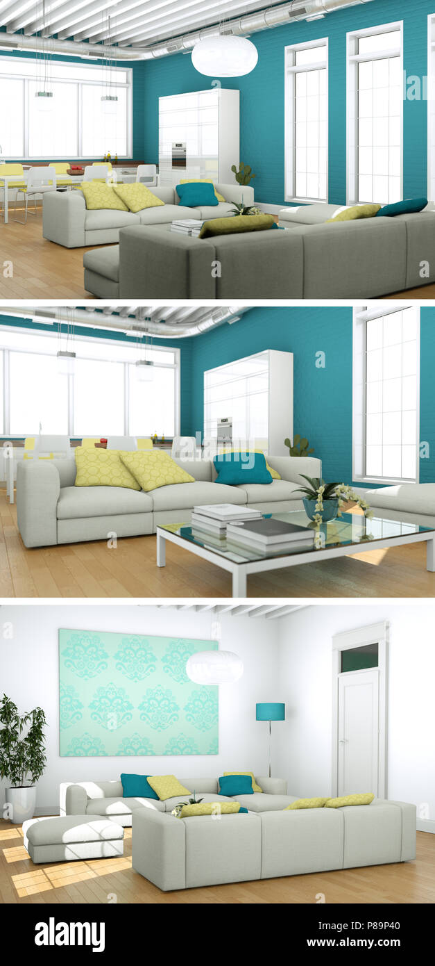 Three views of modern interior loft design Stock Photo - Alamy