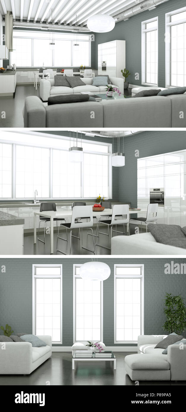 Three views of modern interior loft design Stock Photo - Alamy