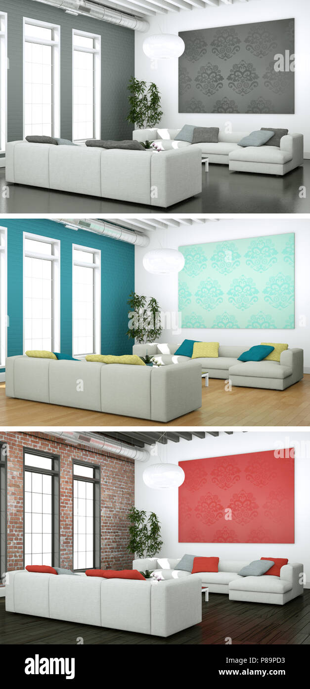 Three color variations of a modern loft interior design Stock Photo - Alamy