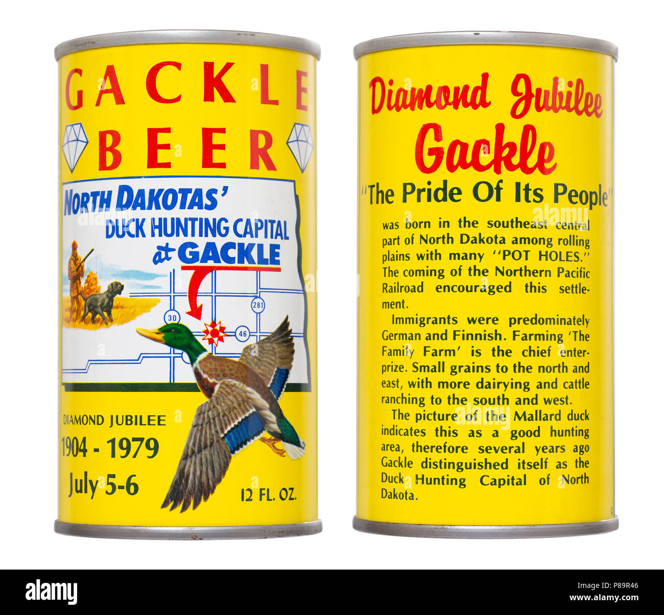 The front and back of a beer can commemorating Gackle, North Dakota's 1979 Diamond Jubilee celebration.  The beer was brewed by the August Schell Brew Stock Photo