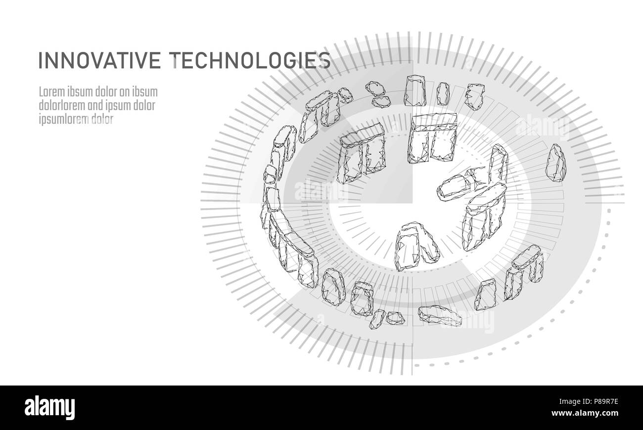 Stonehenge low poly geometric banner. Summer solstice historical calculations analysis polygonal science technology. Wireframe white architecture stone travel tourism England UK vector illustration Stock Vector