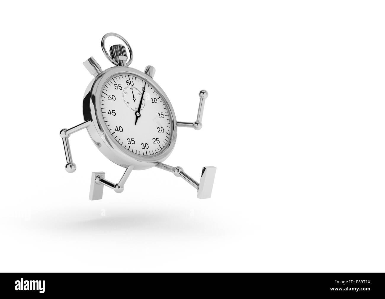 Stopwatch with arms and legs that runs on white background. Stock Photo
