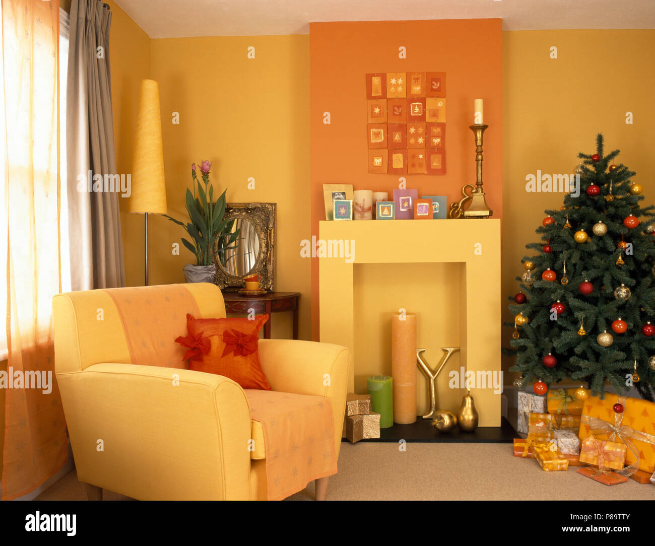 Yellow Armchair Beside Simple Fireplace Recess In A Yellow Economy