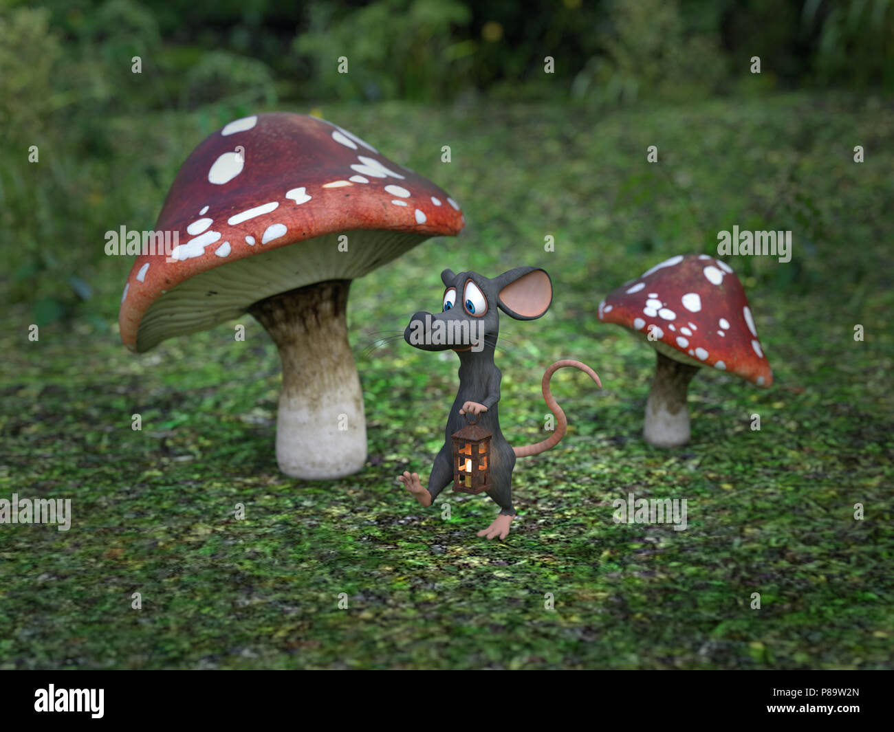 3D rendering of a cute smiling cartoon mouse walking at night with a lantern in a fairytale toadstool forest. Stock Photo