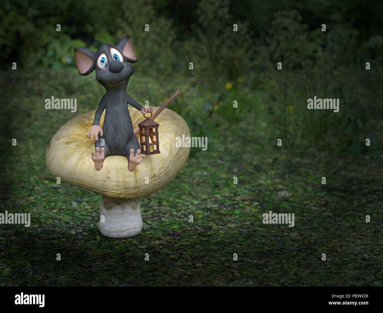 3D rendering of a cute smiling cartoon mouse sitting on a mushroom, holding a lantern in a fairytale toadstool forest at night. Stock Photo