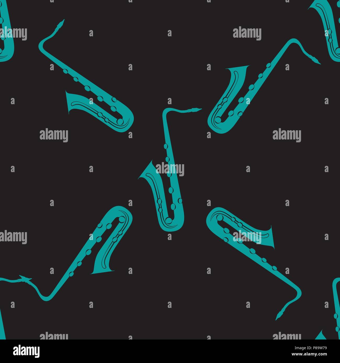 Jazz concept. Saxophone. Seamless pattern. Green elements. Black background Rotate 45 degrees Stock Vector