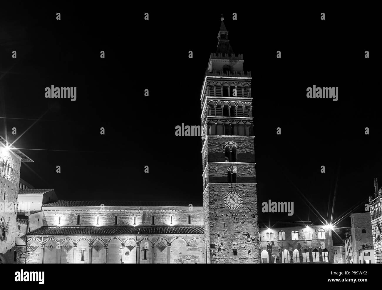 Beautiful black and white night view of the historic center of Pistoia, Tuscany, Italy Stock Photo