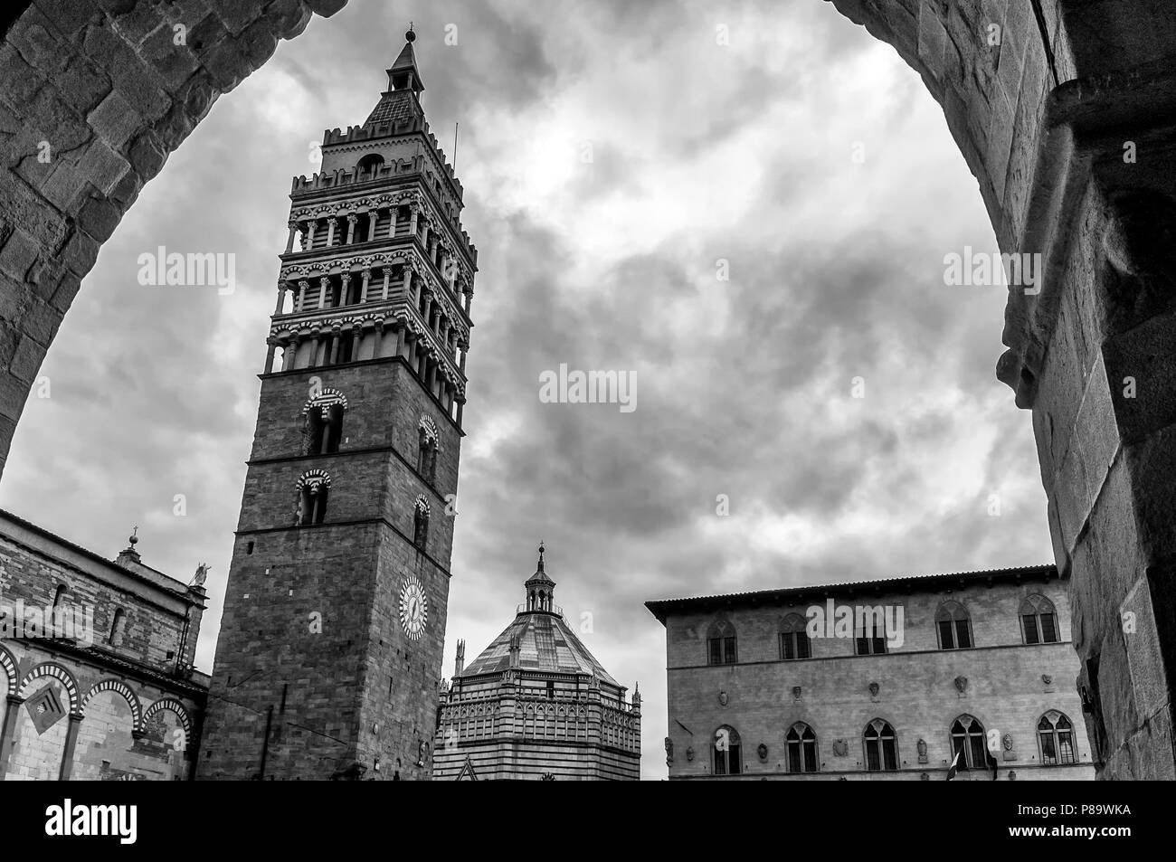 Beautiful black and white view of the historic center of Pistoia, Tuscany, Italy Stock Photo