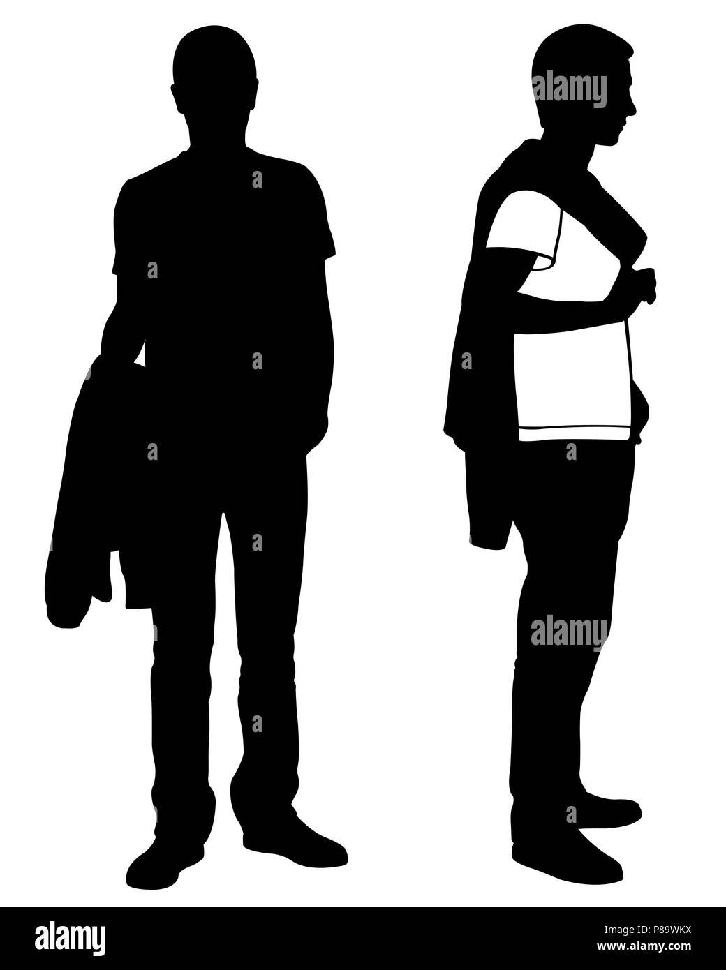 Silhouettes of men with jacket on shoulder and in hand isolated on white Stock Photo