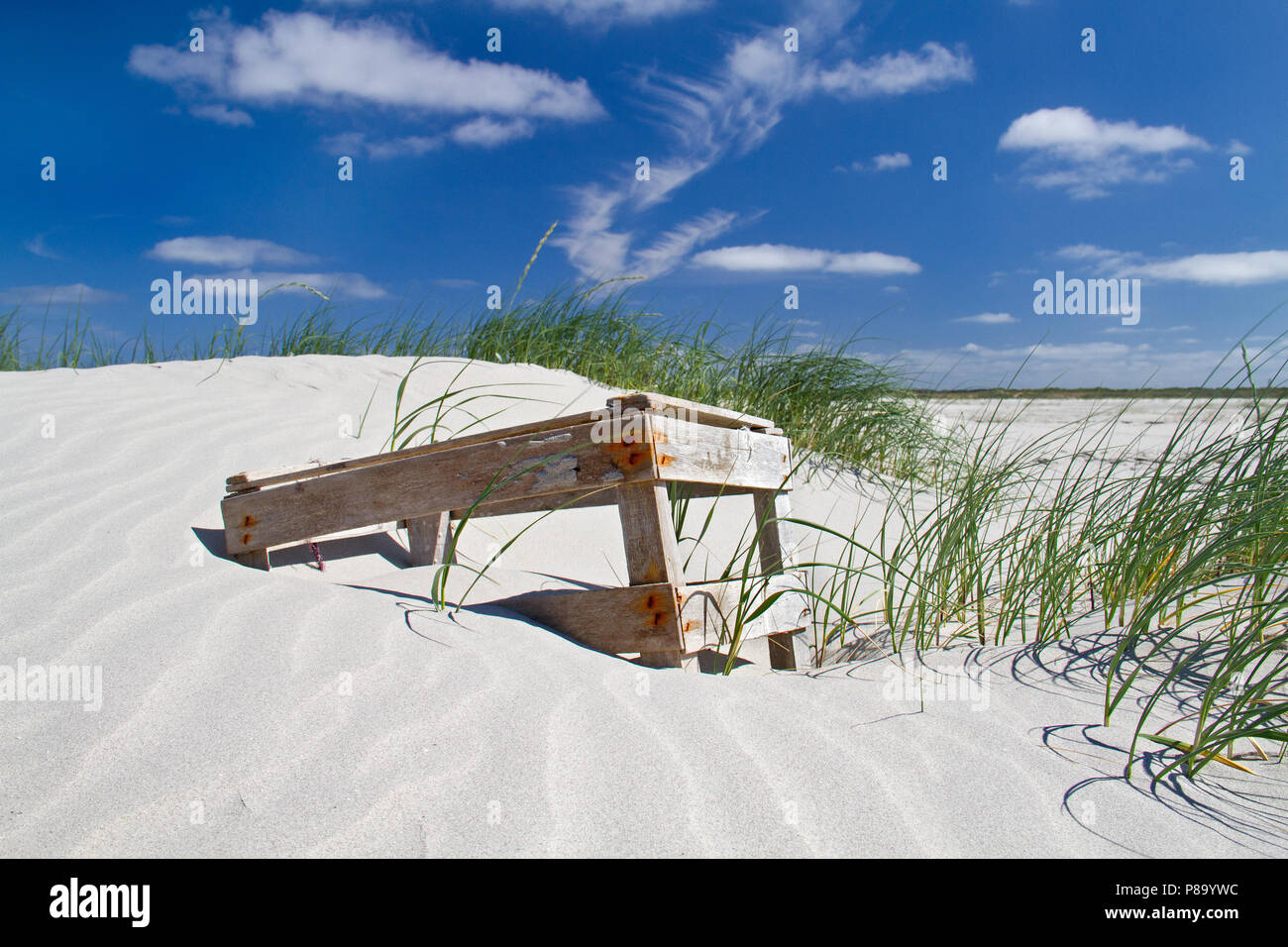 A wooden crate, washed ashore, lying in the sand of a new formed dune Stock Photo