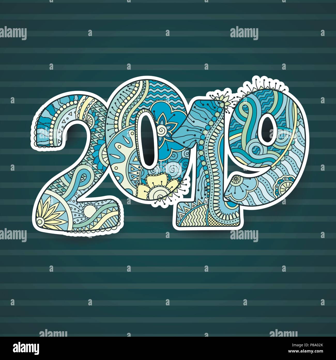 Happy New Year 2016 celebration number. Vector Xmas illustration in zentangle. Christmas background. Stock Vector