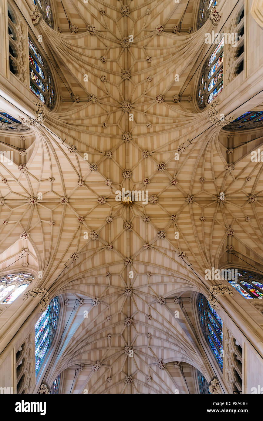 New York City, USA - June 20, 2018: Directly below view of vaults of St. Patrick Cathedral in Manhattan Stock Photo