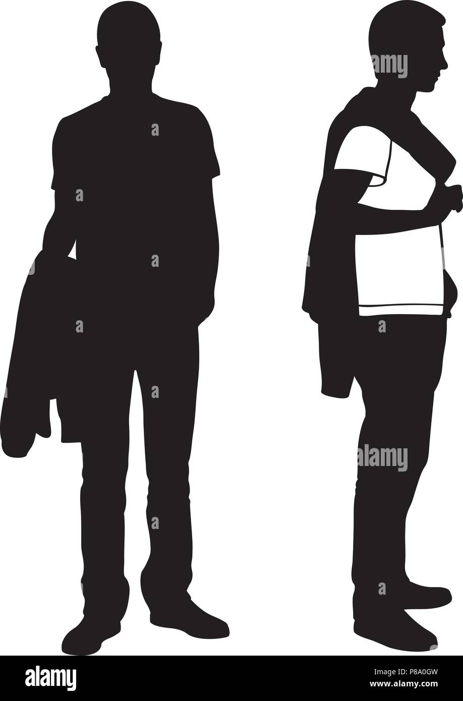 Silhouettes of men with jacket on shoulder and in hand isolated on white Stock Vector