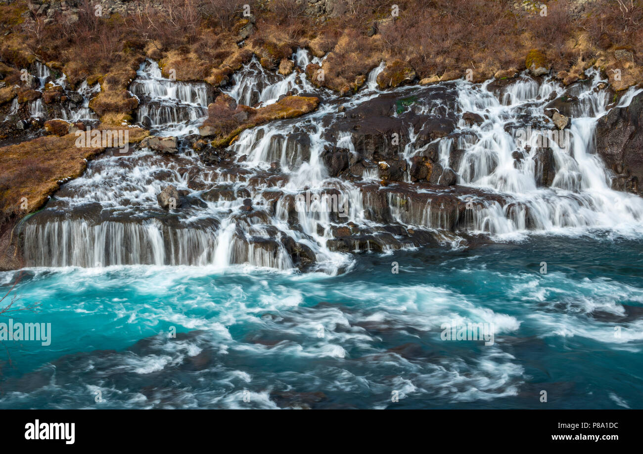 Waterfall, blue river Hvítá, Hraunfossar waterfalls, West Island, Iceland Stock Photo