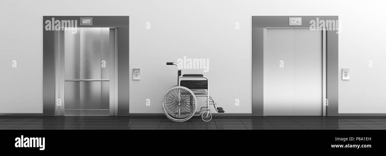 Accessibility for disabled. Wheelchair empty and elevators with open and closed doors, banner. 3d illustration Stock Photo