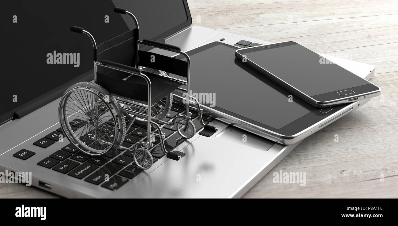 Technology for disabled. Wheelchair empty and electronic devices on a