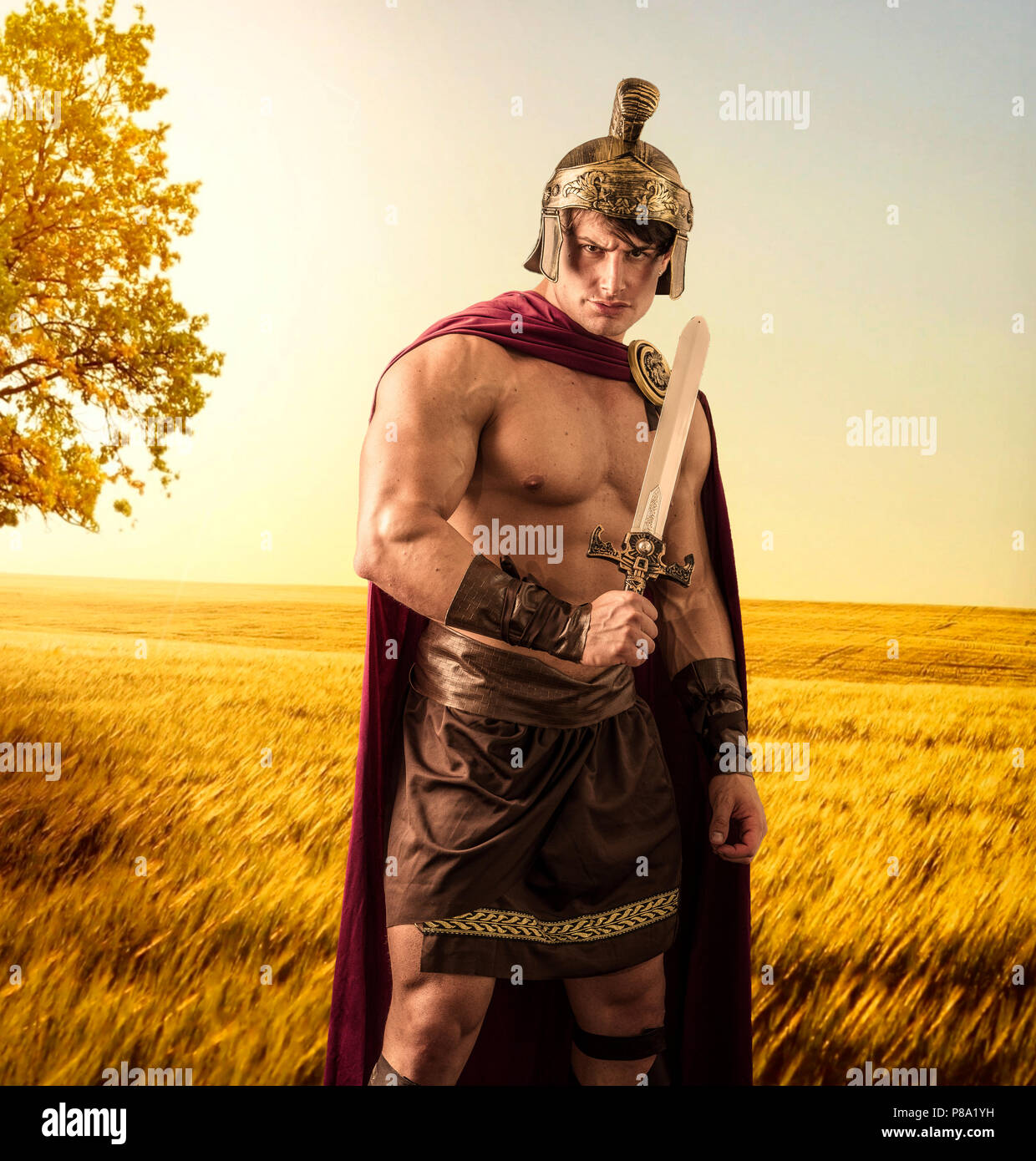 Young muscular man posing in gladiator costume Stock Photo