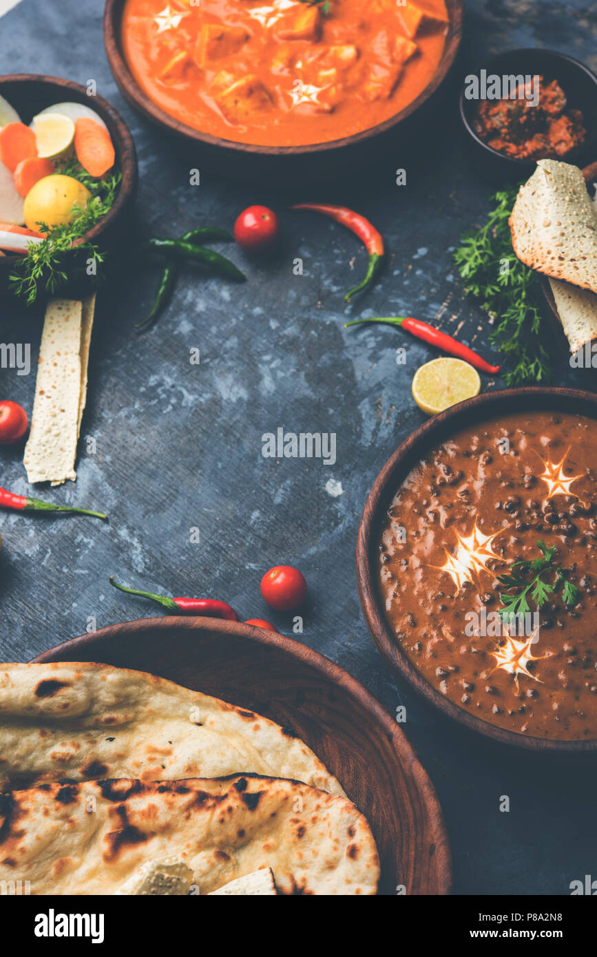 Assorted indian food for lunch or dinner, rice, lentils, paneer, dal