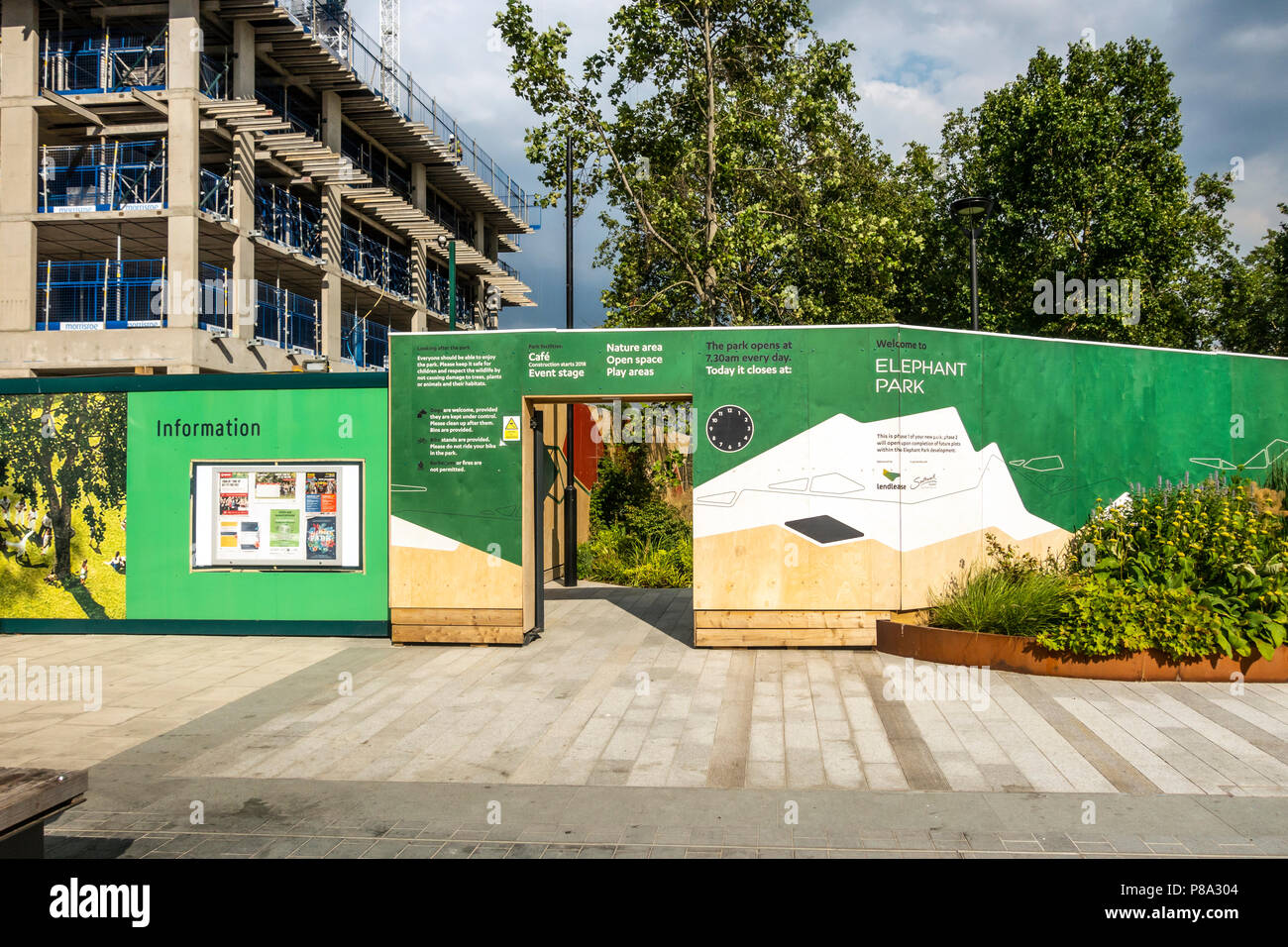 Entrance and information board at Elephant Park, a nature area with open space and play areas. Elephant and Castle, Southwark, London, England Stock Photo