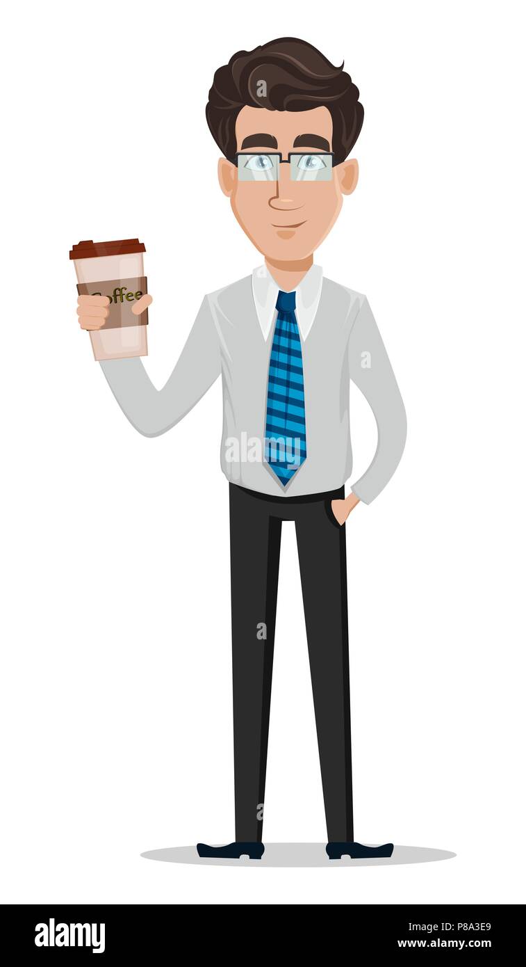 Business man in office style clothes. Businessman, banker, manager, cartoon  character holding a cup of coffee. Vector illustration Stock Vector Image &  Art - Alamy
