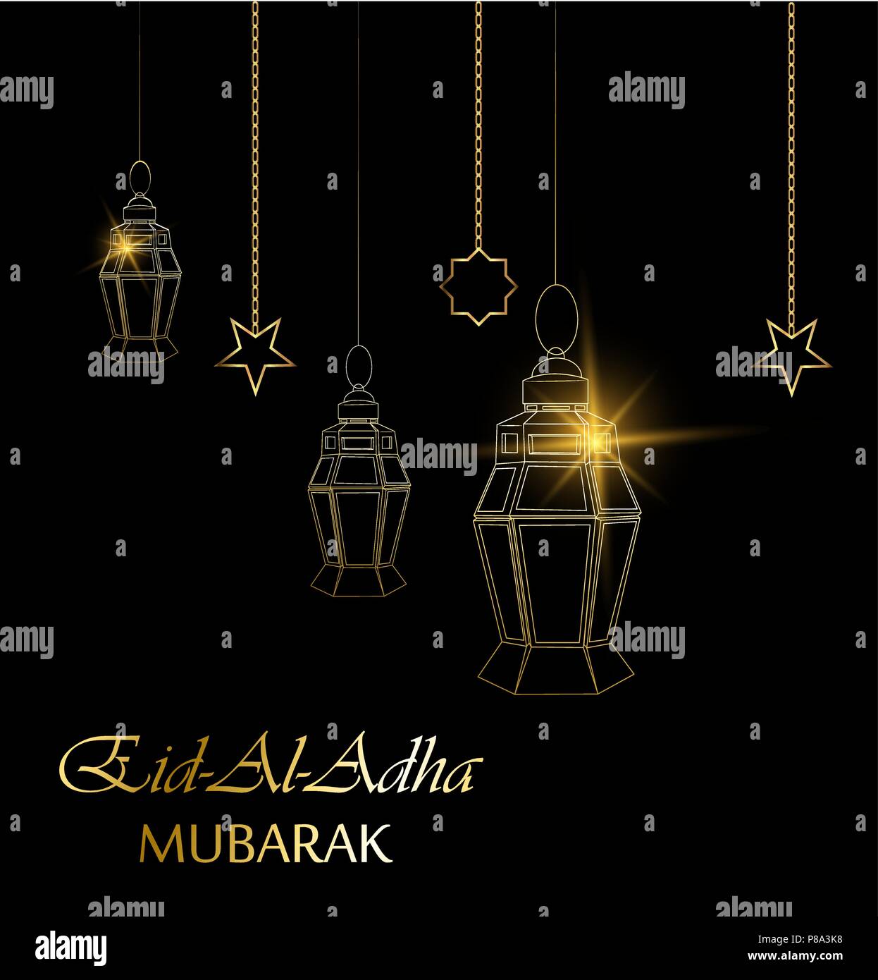 Eid al adha beautiful greeting card with hanging lanterns, moon and stars on black background. Muslim traditional holiday Kurban Bayram. Vector. Stock Vector