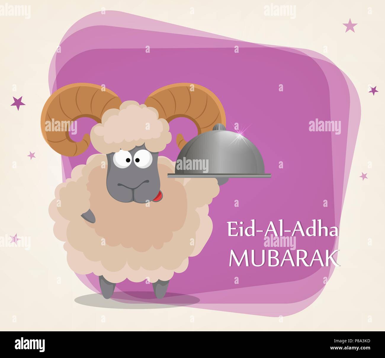 Festival of sacrifice Eid al-Adha. Traditional muslin holiday. Greeting  card with funny ram holding restaurant cloche. Vector illustration on  abstract Stock Vector Image & Art - Alamy